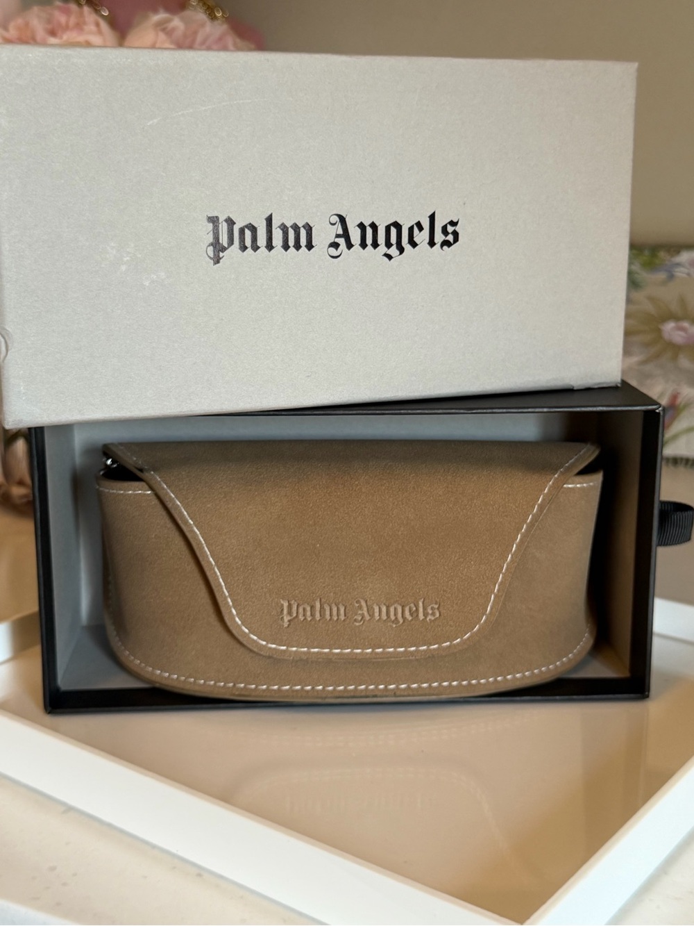 Palm Angels NIB Pink shades new in Brown Suede Sunglasses Case GIFTABLE